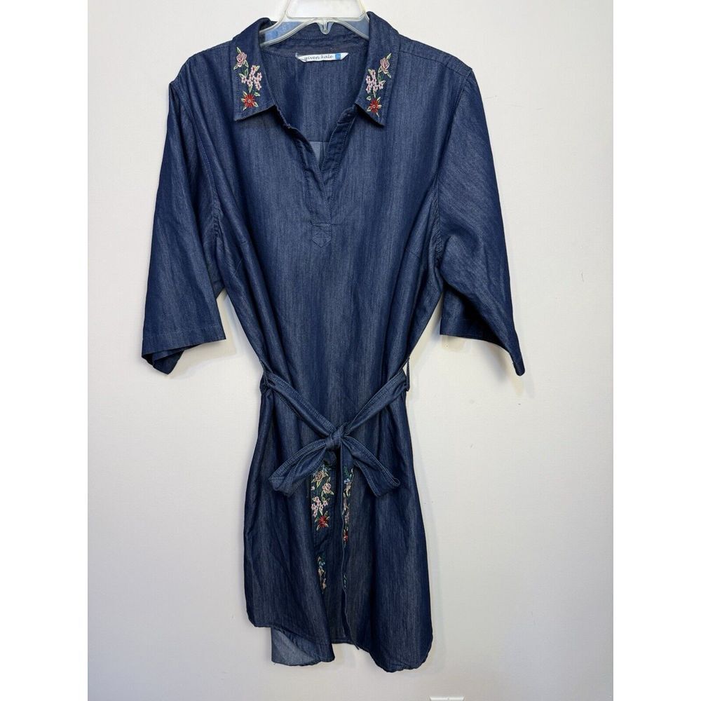 Given Kale Denim Dress Belted Chambray Collared Embroidered 2X Roll Tab Sleeves
